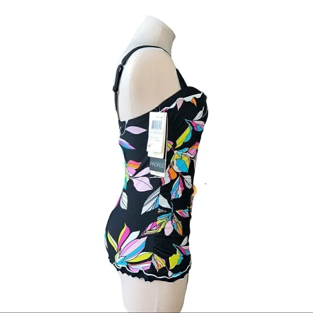 Profile by Gottex Black Floral Monaco Printed D-Cup Tankini Top 34D Slimming New